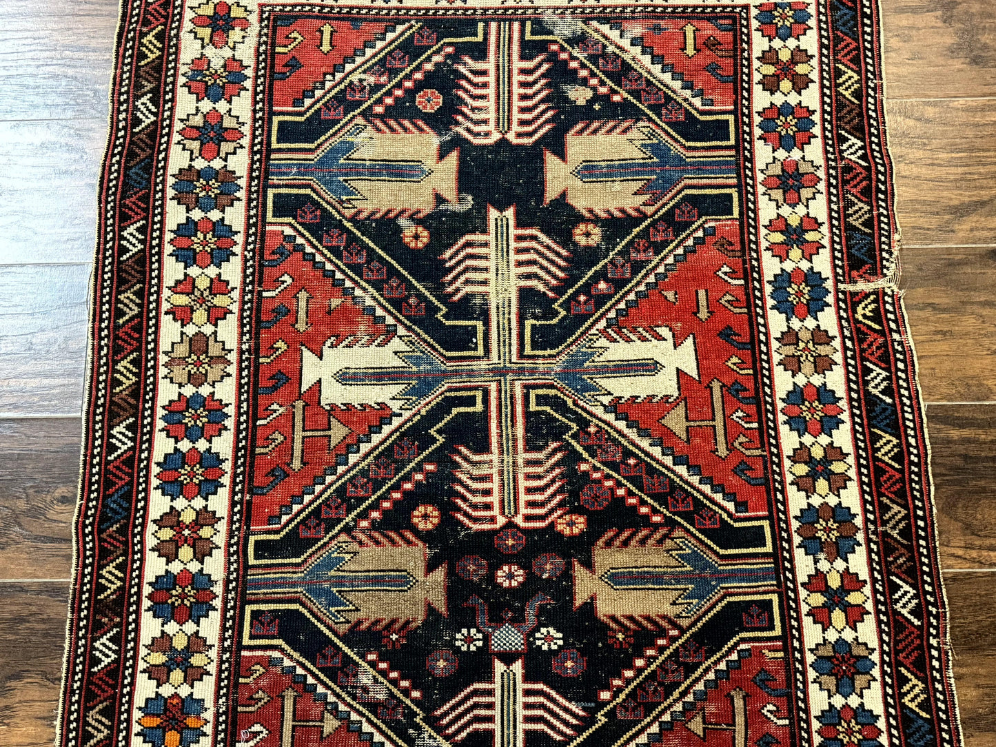 Antique Shirvan Caucasian Rug 3x5 Geometric Wool Hand Knotted Red Navy Beige
