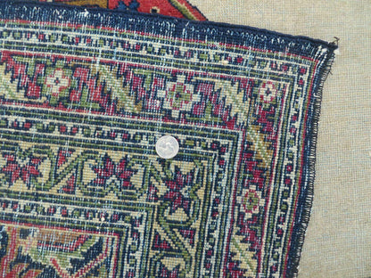 Persian Tabriz Rug 10x13 Oriental Carpet, Ivory Open Field, Geometric Medallion, Red Blue, Hand Knotted, Large Wool Area Rug Vintage Antique 1950s