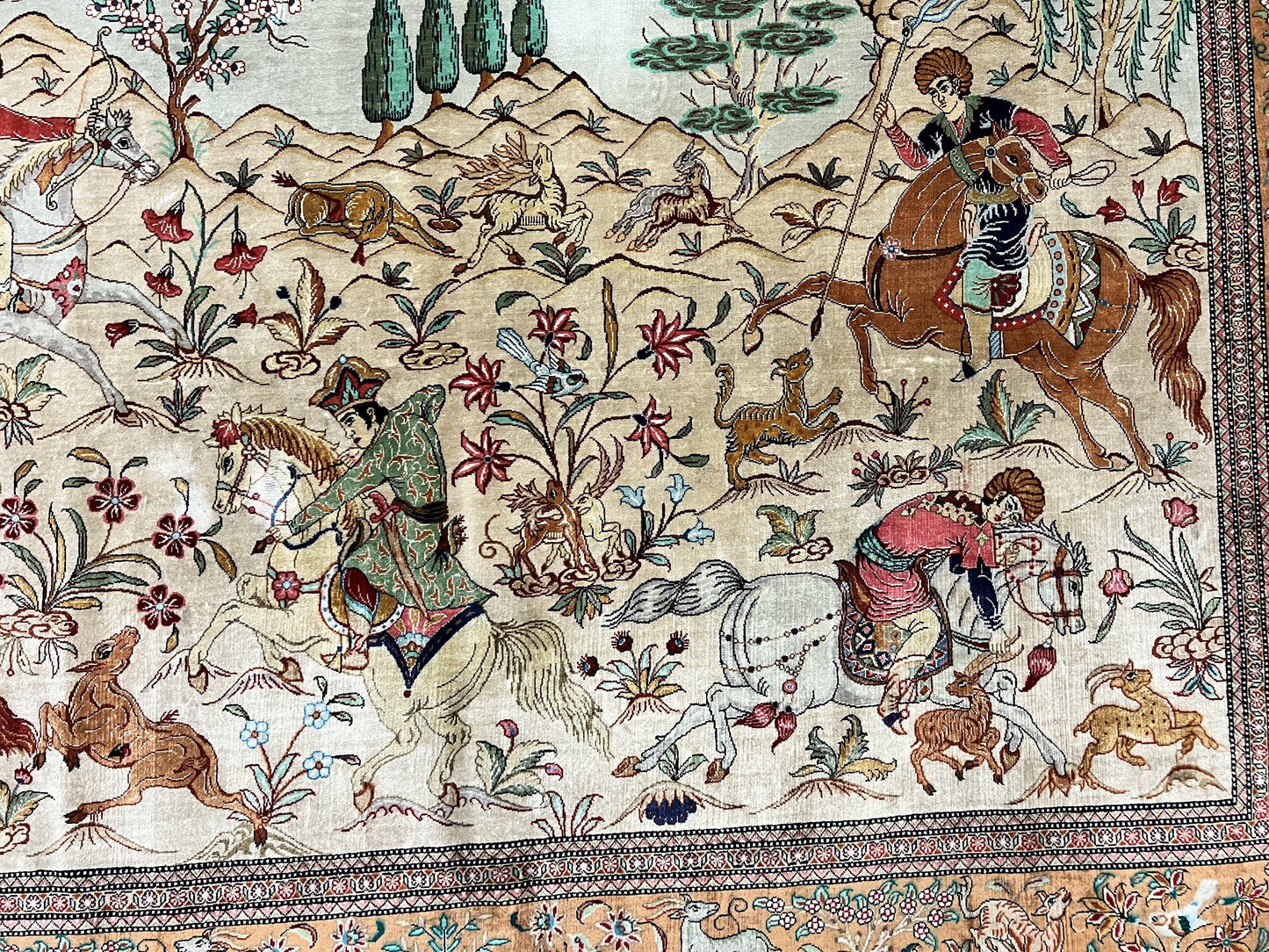 Silk Persian Qum Rug 3x5 Hunting Pattern Handmade Vintage Carpet Signed By Master Weaver