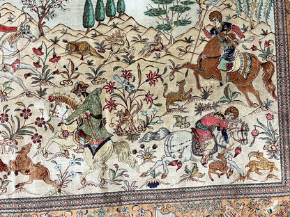 Silk Persian Qum Rug 3x5 Hunting Pattern Handmade Vintage Carpet Signed By Master Weaver