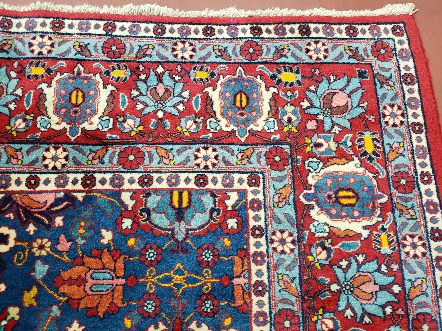 Rare Antique Persian Veramin Carpet, Mina-Khani Pattern, Blue, Red, Ivory, 7x11 ft, Hand-Knotted, Wool