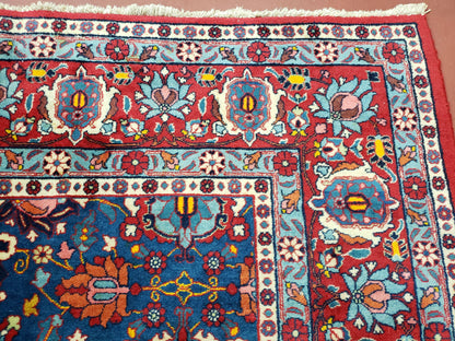 Rare Antique Persian Veramin Carpet, Mina-Khani Pattern, Blue, Red, Ivory, 7x11 ft, Hand-Knotted, Wool