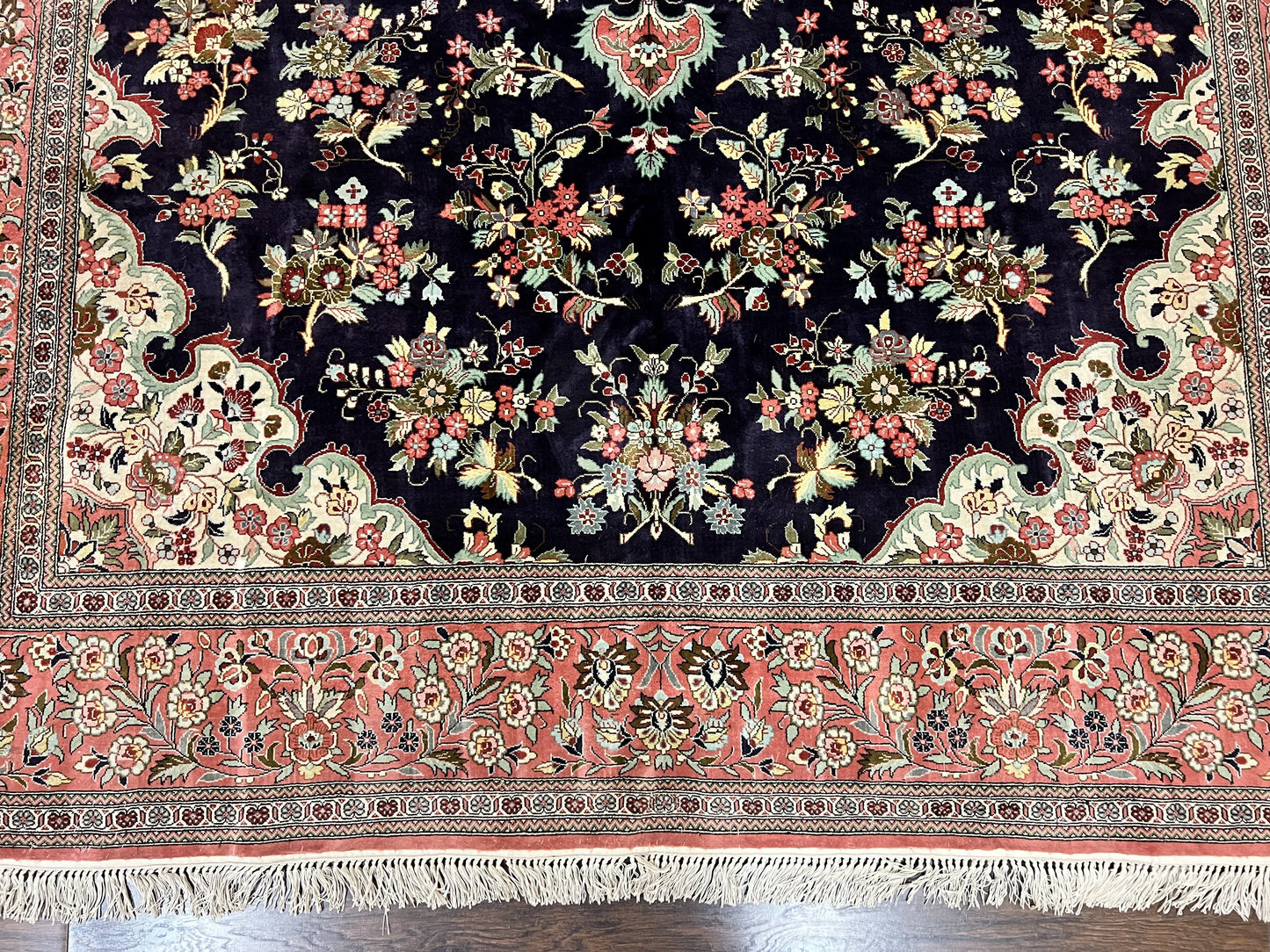 Silk Persian Qum Rug 7x9 Hand Knotted Navy Blue Salmon Floral Medallion Authentic Oriental Carpet