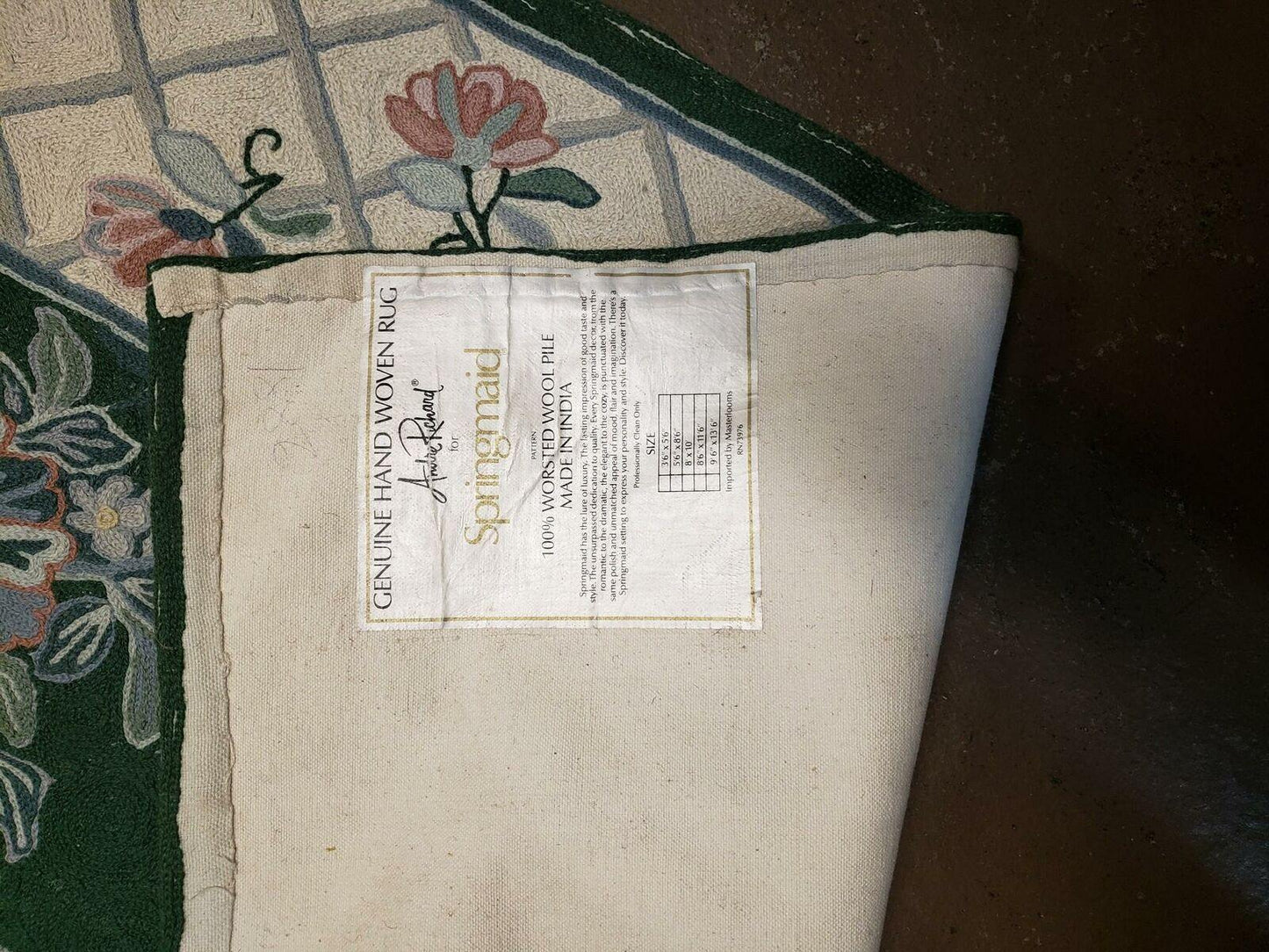 Hand Stitched Indian Wool Rug 3 Ft 6 In By 5 Ft 6 In Green Beige Backing Vintage 1980s