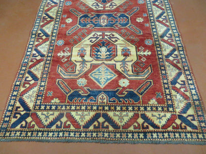 Vintage Turkish Kazak Wool Rug Handmade 4x6 Pattern Carpet Natural Dyes