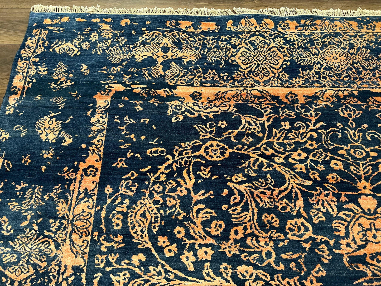 Handmade Wool Area Rug 8x10 Pakistani Oriental Blue and Gold Modern Living Room Decor