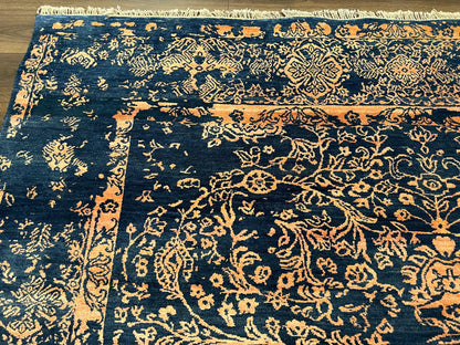 Handmade Wool Area Rug 8x10 Pakistani Oriental Blue and Gold Modern Living Room Decor