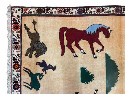 Handmade Wool Rug 4x6 Hand Knotted Tribal Horses Veggie Dyed