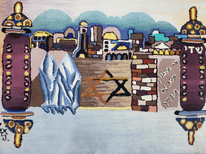 Vintage Judaica Pictorial Rug 3x5, Wool Hand-Tufted Israeli Signed Rug, Jerusalem Rug, Star of David Torah Scroll Verses, Chanuka Gift