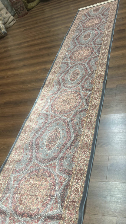 Turkish Silk Runner Rug 2.6 x 13, Blue Runner Rug, Dome Design, Bamboo Silk, New