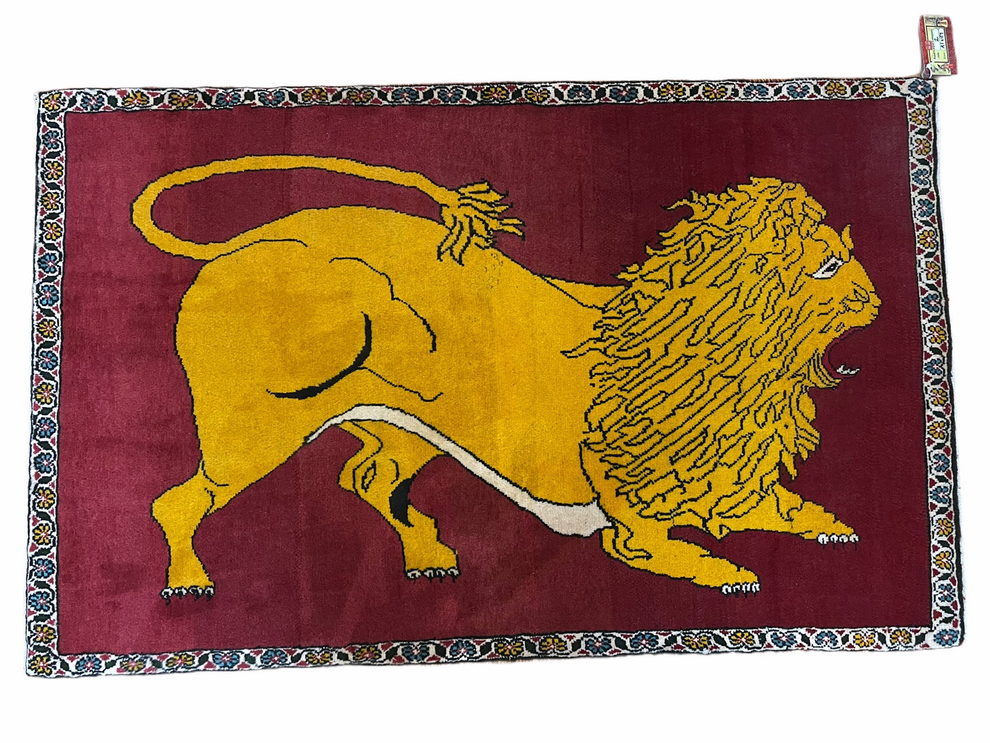 Persian Gabbeh Rug Lion Pictorial Hand Knotted Wool Red Two Foot Nine Inch By Four Foot Four Inch