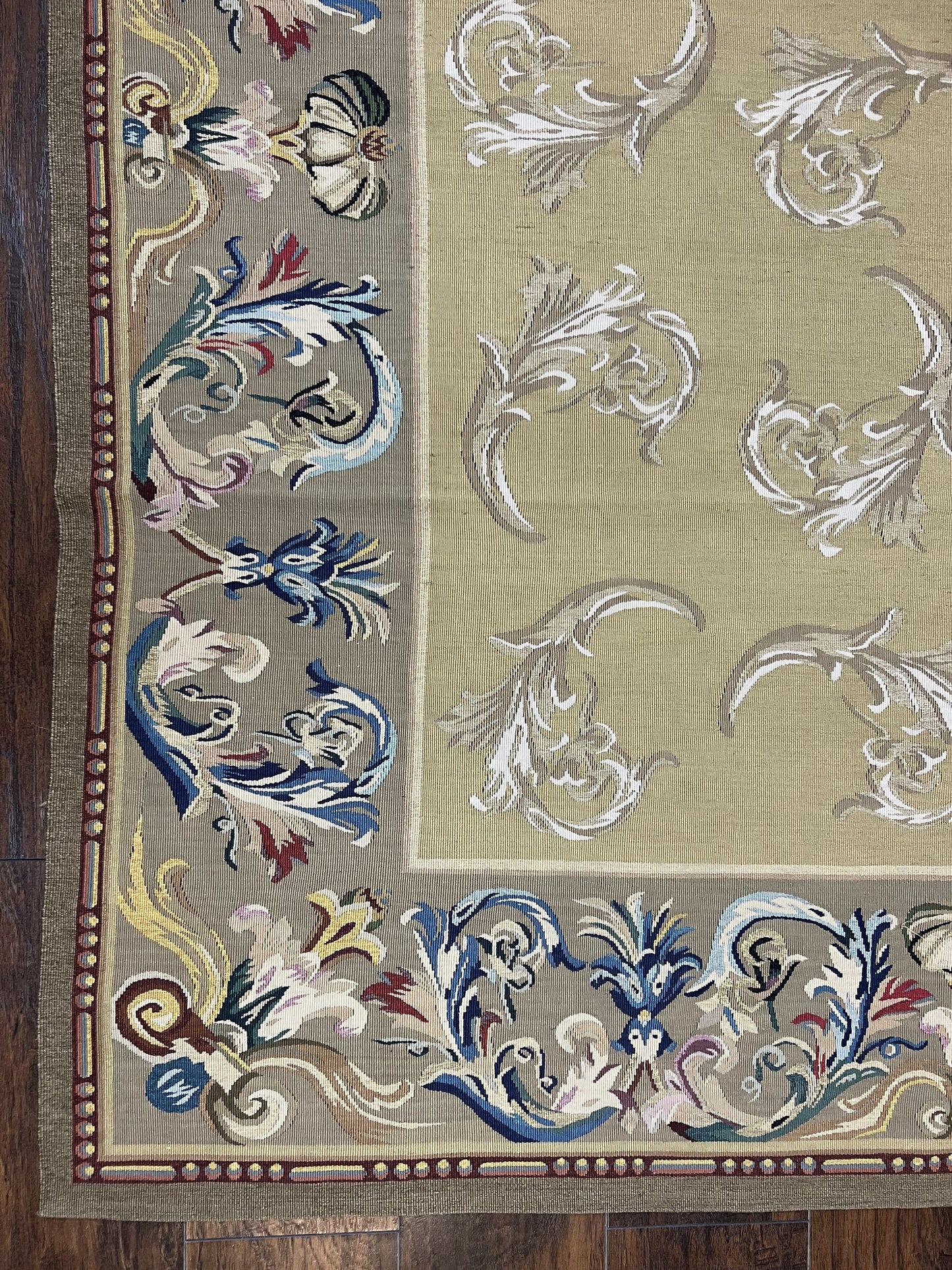 Vintage Aubusson Flatweave Area Rug 9x12, Aubusson Weave, Wool, Beige, Handmade, French European Design, 8'9" x 11'9"