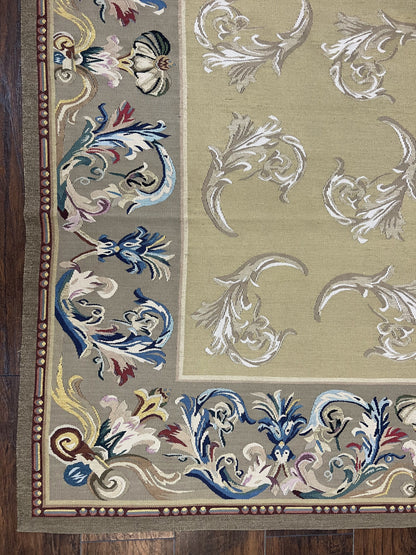 Vintage Aubusson Flatweave Area Rug 9x12, Aubusson Weave, Wool, Beige, Handmade, French European Design, 8'9" x 11'9"