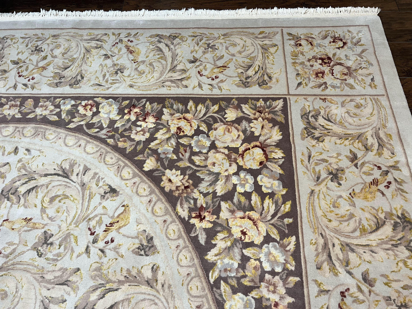 Aubusson Rug Hand Knotted Wool Silk Vintage Carpet Birds And Flowers Design