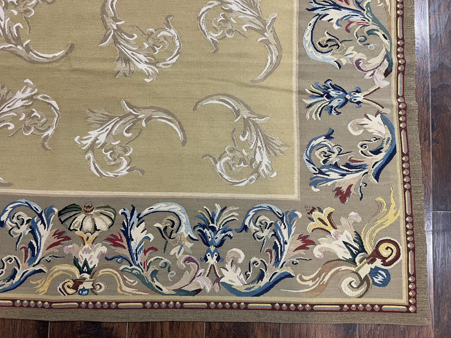 Vintage Aubusson Flatweave Area Rug 9x12, Aubusson Weave, Wool, Beige, Handmade, French European Design, 8'9" x 11'9"