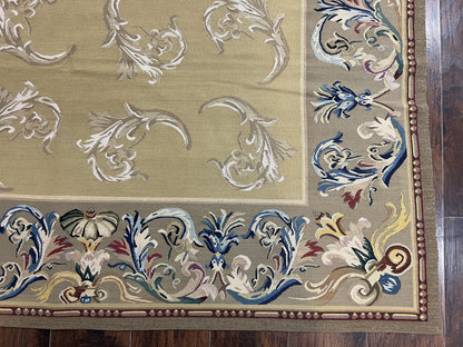 Vintage Aubusson Flatweave Area Rug 9x12, Aubusson Weave, Wool, Beige, Handmade, French European Design, 8'9" x 11'9"