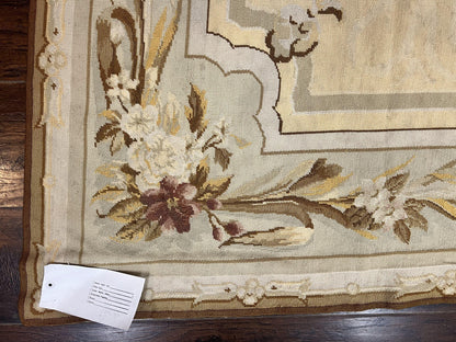Needlepoint Rug 6x9, Elegant European Design Aubusson Carpet, Vintage Wool Handmade Rug, Light Yellow Ivory