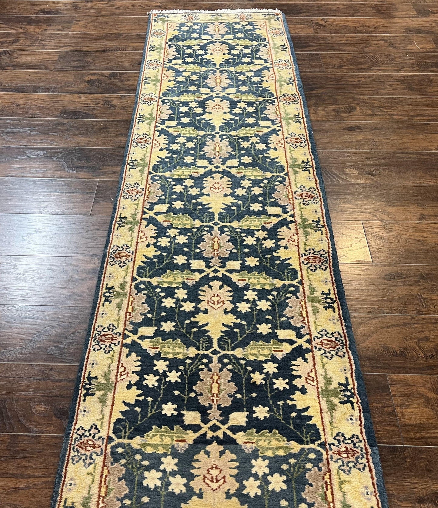 Indian Runner Rug 2.6 x 12, Navy Blue Beige Oriental Runner Rug 12ft Long, Narrow Hallway Runner, Wool Hand Knotted Indo Persian Mahal Rug