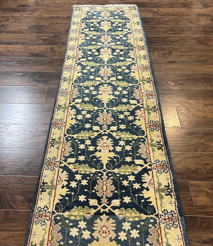 Indian Runner Rug 2.6 x 12, Navy Blue Beige Oriental Runner Rug 12ft Long, Narrow Hallway Runner, Wool Hand Knotted Indo Persian Mahal Rug