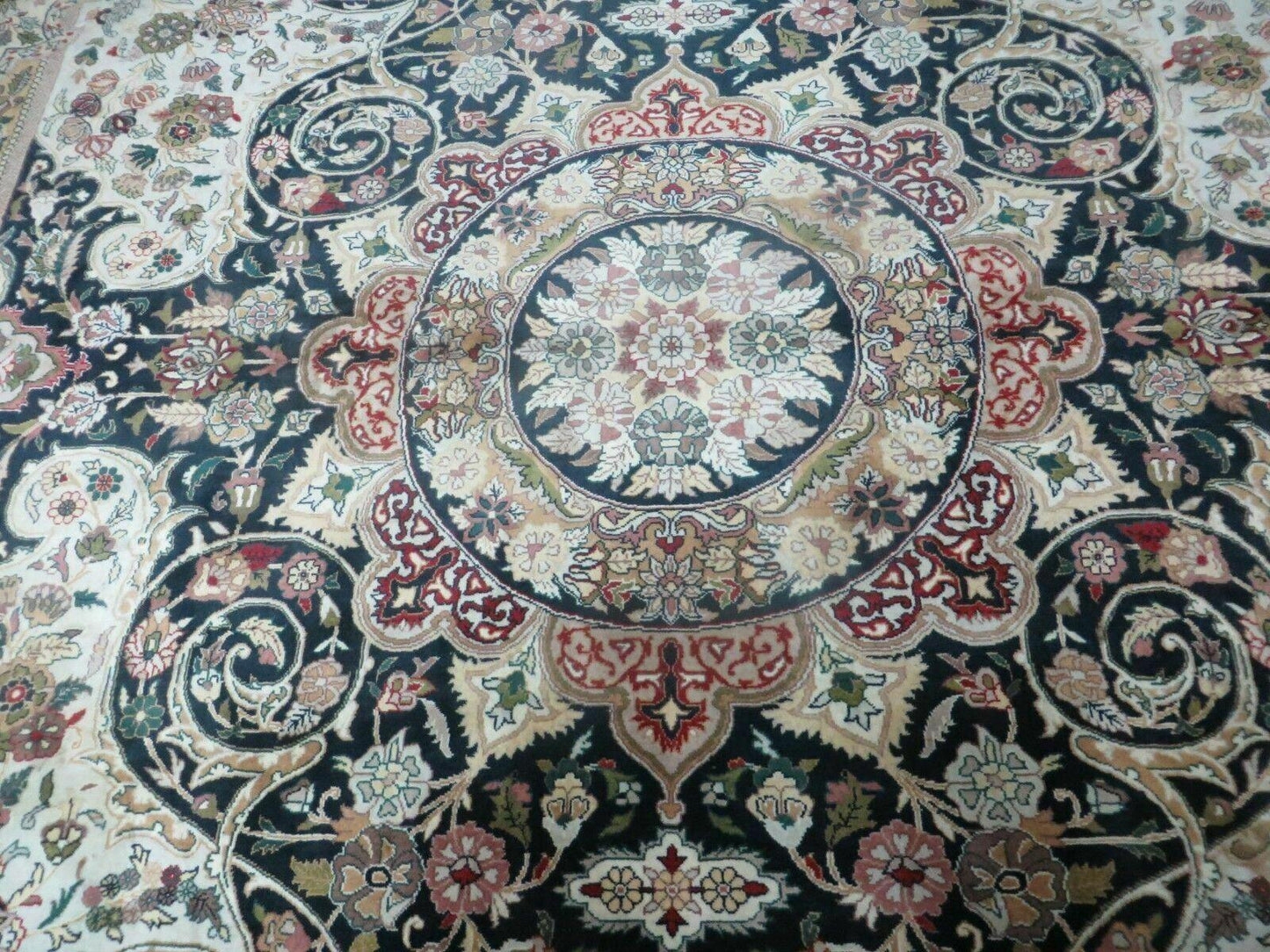Beautiful Sino Persian Rug 9x12, Elegant High Quality Handmade Wool Oriental Carpet, Medallion with Corner Design, Floral, Black and Ivory
