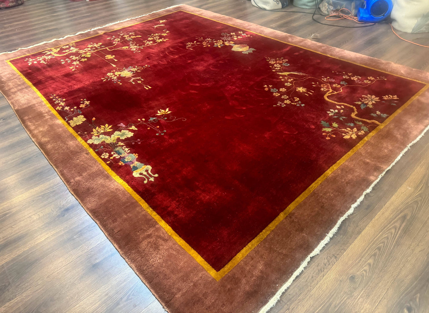 Red Chinese Art Deco Wool Rug 9x11 Handmade Antique Area Rug