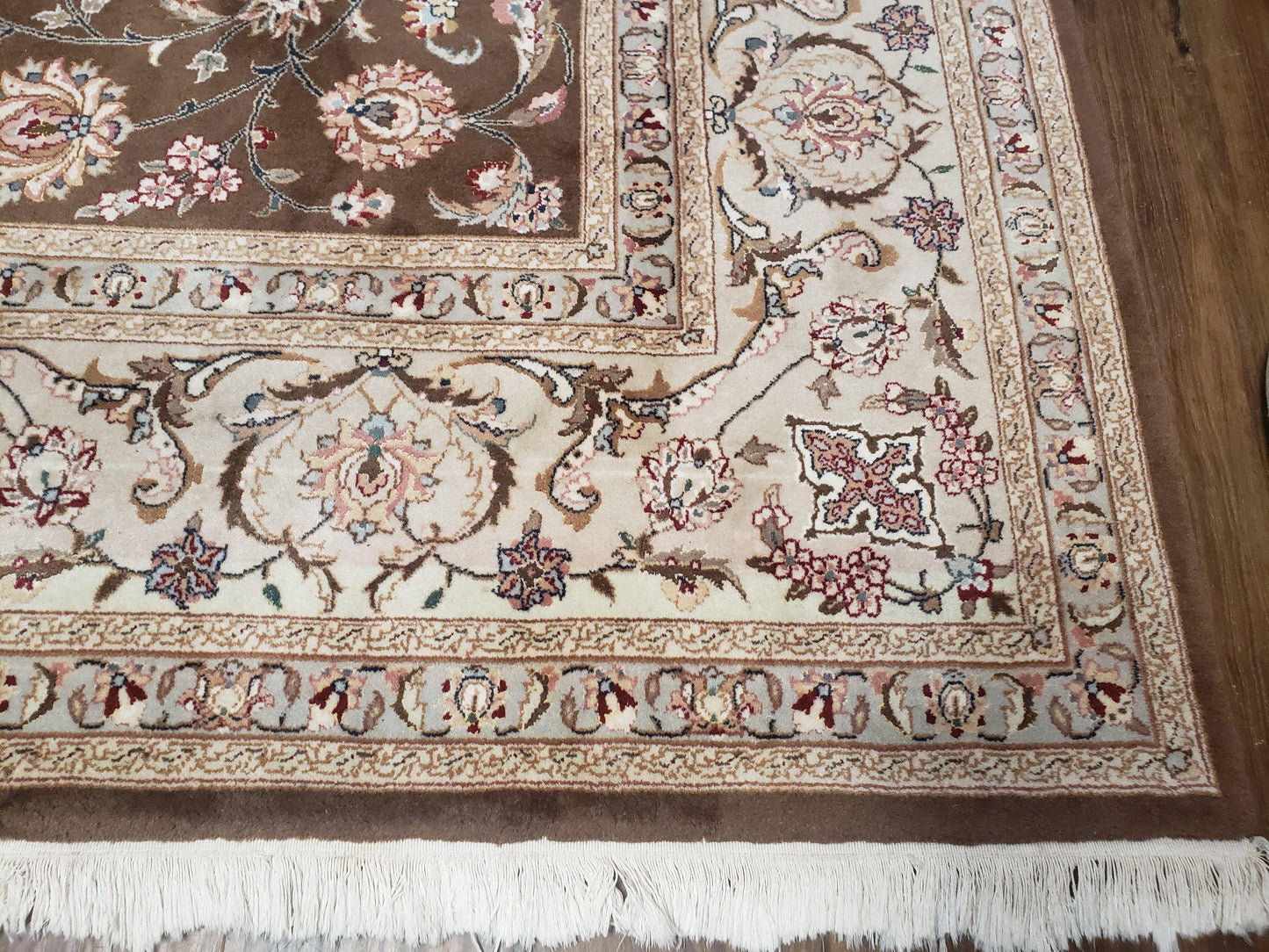 Pak-Persian Vintage Wool Rug 9x12 Hand-Knotted Spice Brown Ivory Traditional Oriental Carpet