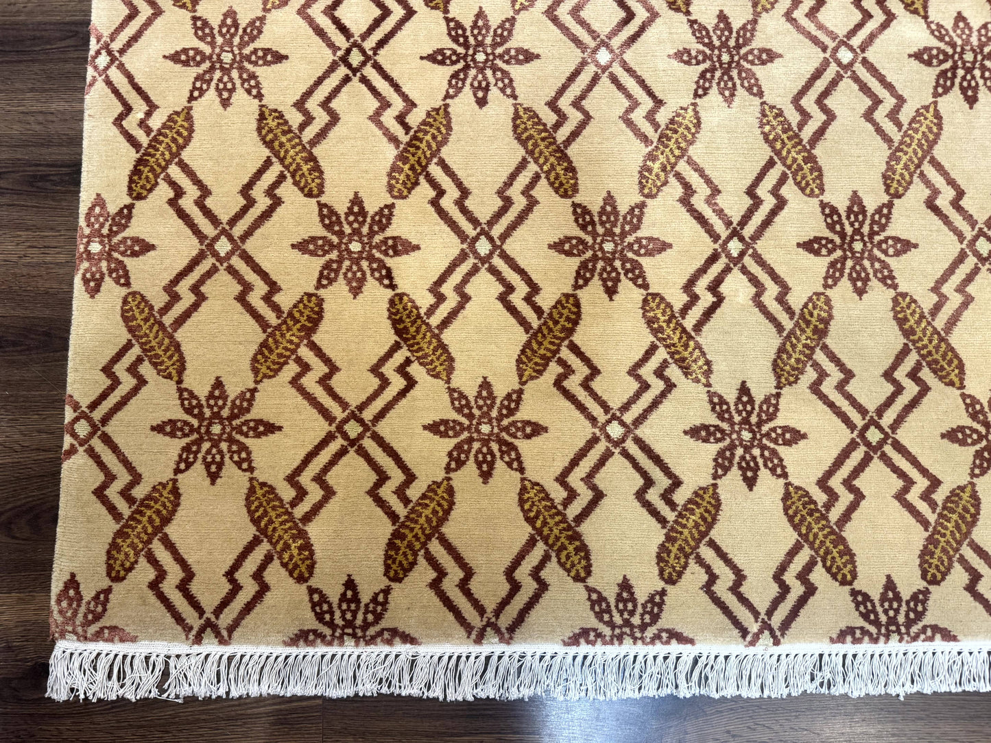 Tibetan Rug 8x10 Wool Silk Highlights Contemporary Carpet Beige And Maroon