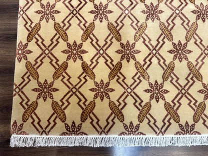 Tibetan Rug 8x10 Wool Silk Highlights Contemporary Carpet Beige And Maroon