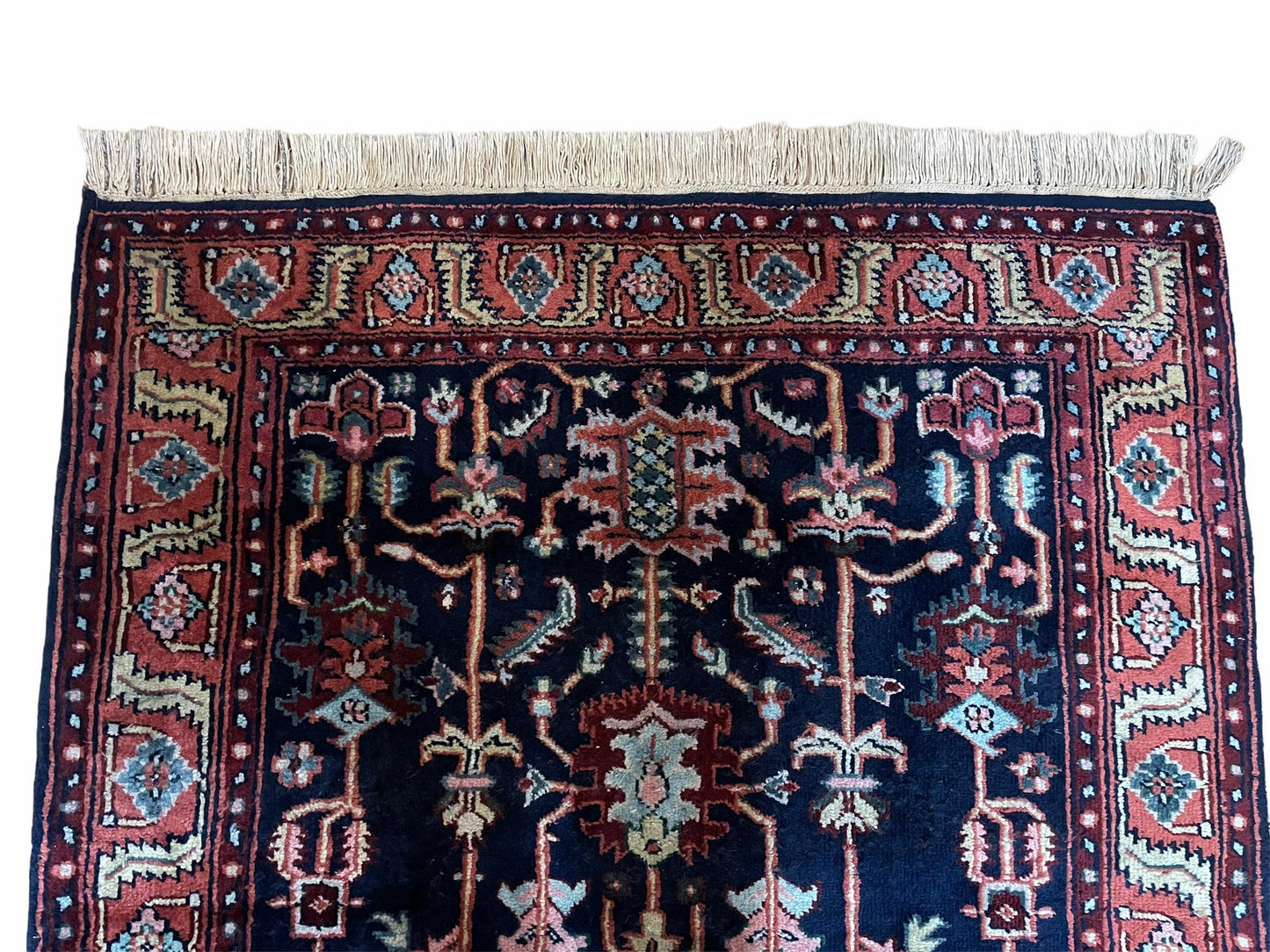 Handmade Wool Geometric Rug 4x6 Vintage Hand Knotted Organic Dyes Blue Red Area Rug