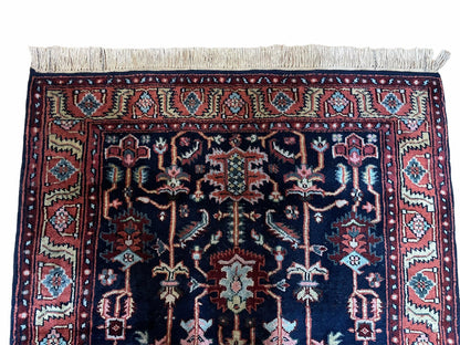 Handmade Wool Geometric Rug 4x6 Vintage Hand Knotted Organic Dyes Blue Red Area Rug