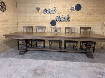 Herringbone Dining Table In Solid Wood With Custom Finish And Distressing Options