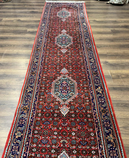 Indo Persian Bidjar Runner Rug 3 x 18.6, Red Navy Blue, Long Runner, Wool Oriental Carpet