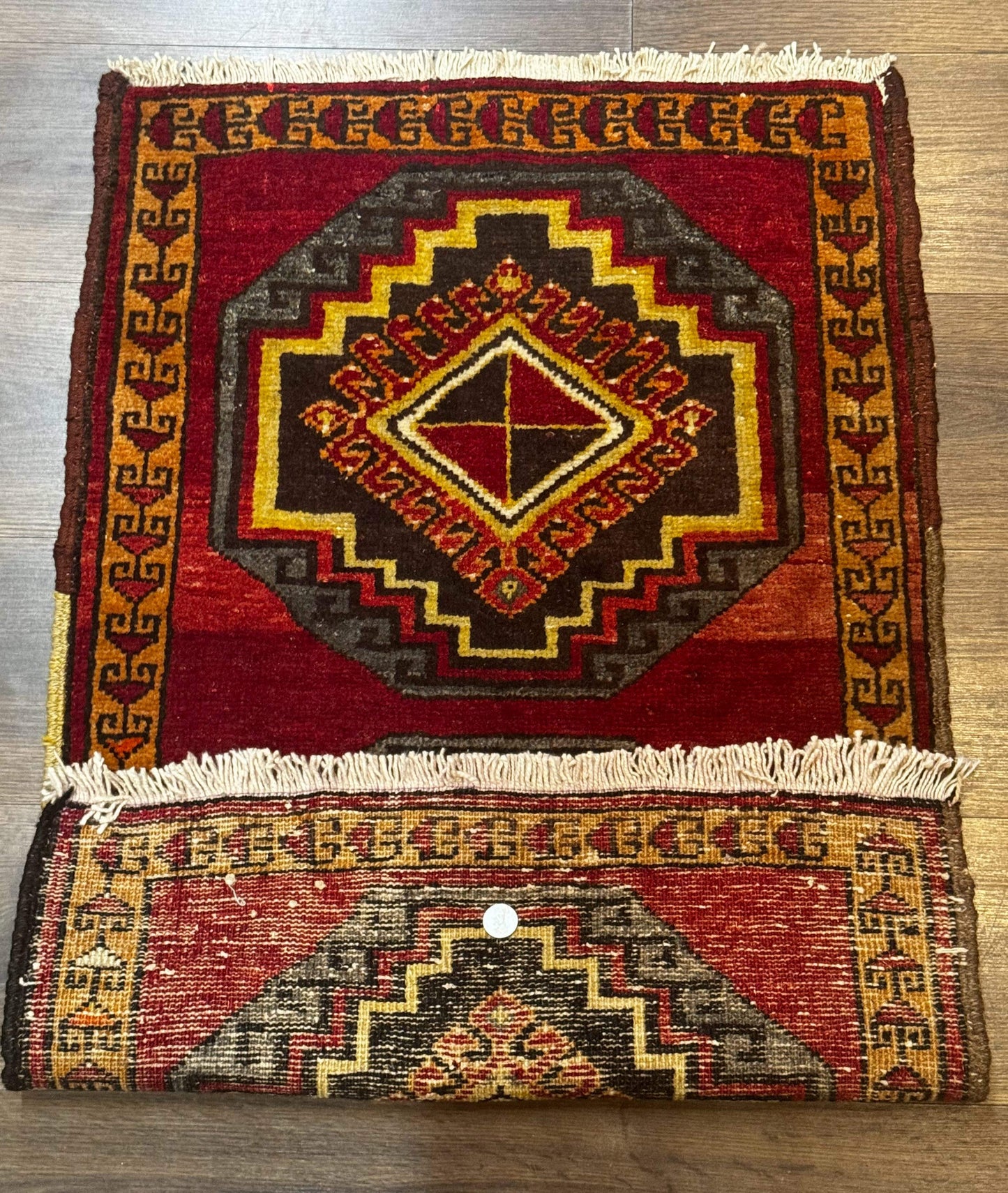 Turkish Yastik Rug 2x3 Antique Red Wool With Double Medallions Geometric Design
