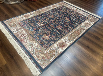 Bamboo Silk Rug Hunting Design 5x8 Steel Blue Ivory Contemporary Area Rug