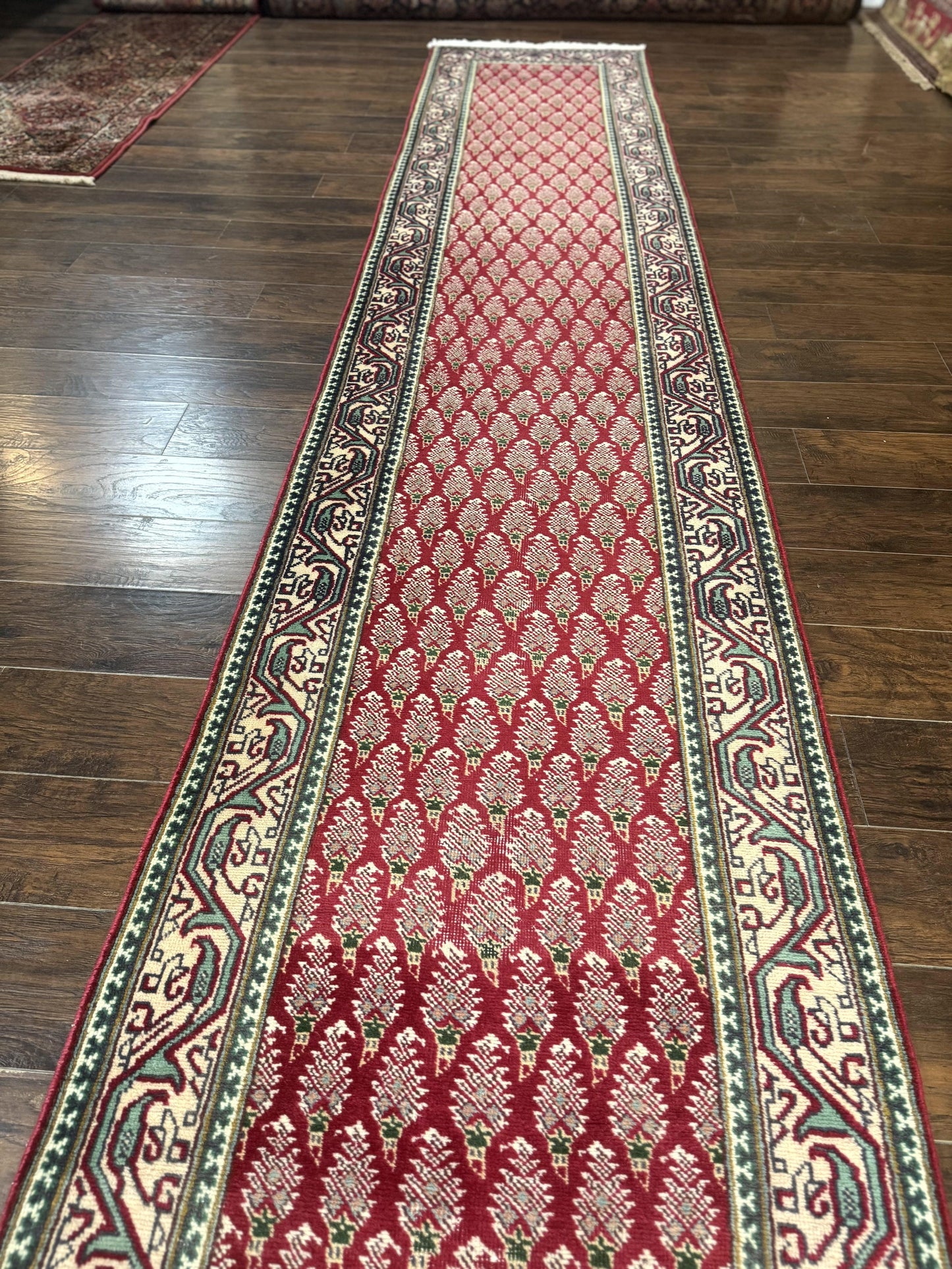 Persian Tabriz Runner Rug 3x16, Paisley Boteh Design, Red and Cream, Rug for Hallway, 16ft Wool Runner