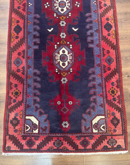 Persian Karajeh Runner Rug 3.6 x 9.5, Geometric Medallions, Tribal Village Rug, Navy Blue, Handmade