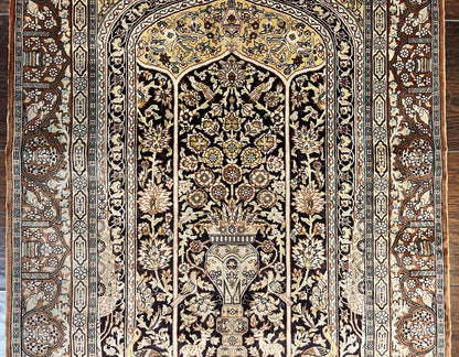 Turkish Hereke Silk Rug 2x3 Floral Vase Tree Of Life Birds Vintage Carpet