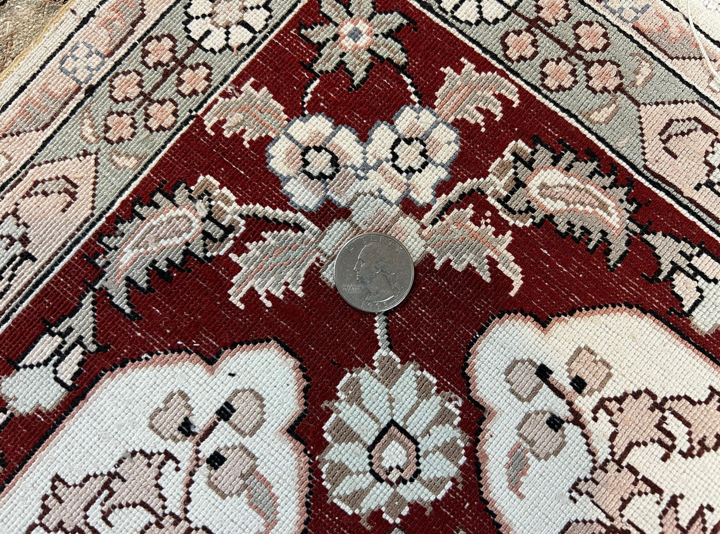 Silk Indian Kashmiri Rug 4x6 ft, Floral Medallion Hand Knotted Handmade Oriental Carpet, Vintage, Cream Burgundy, Very Fine Silk Rug 4 x 6