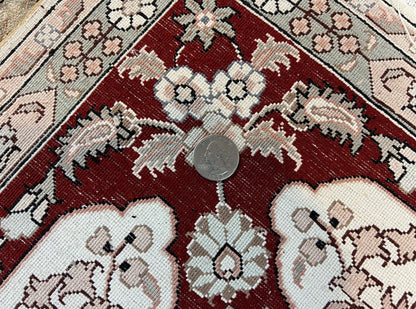 Silk Indian Kashmiri Rug 4x6 ft, Floral Medallion Hand Knotted Handmade Oriental Carpet, Vintage, Cream Burgundy, Very Fine Silk Rug 4 x 6