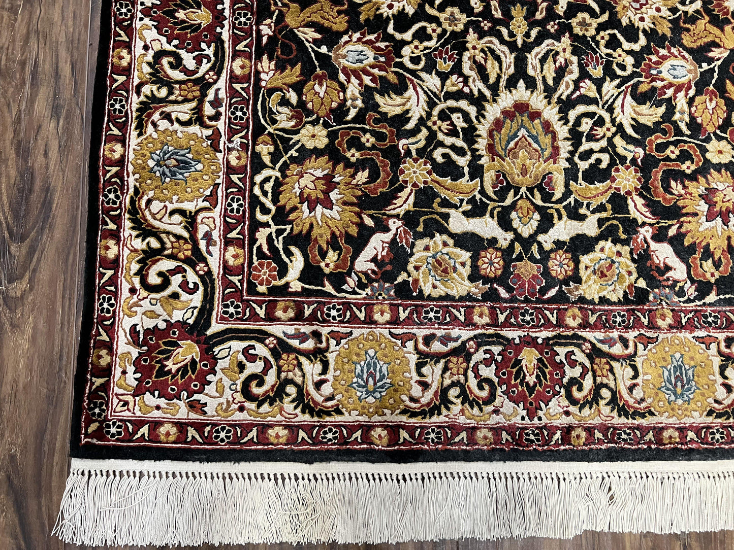 Sino Persian Silk Rug 3x5 Oriental Carpet 3 x 5 Fine Silk Rug, Black Ivory Gold, Animal Motifs, Flowers, High Quality, Vintage Silk Rug Wow