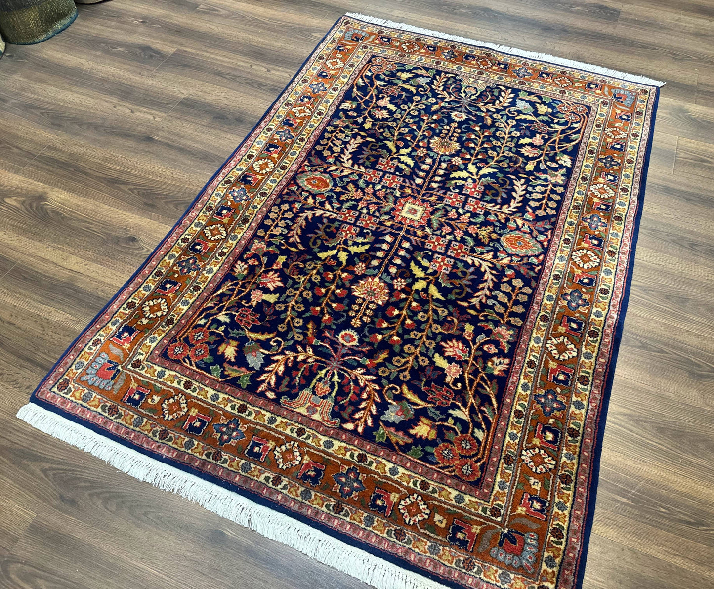 Indo Persian Sarouk Rug 4x6, Blue and Rust Red