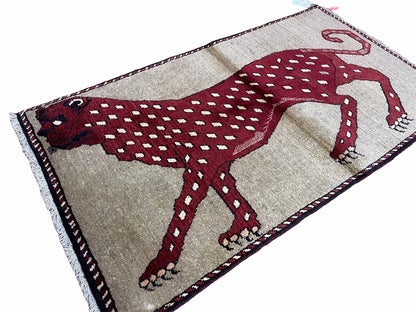Leopard Wool Rug Handmade Hand Knotted Vintage Burgundy Beige Area Rug