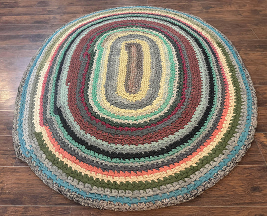 Antique Braided Wool Rug 5x7 Oval Multicolor Handmade American Carpet