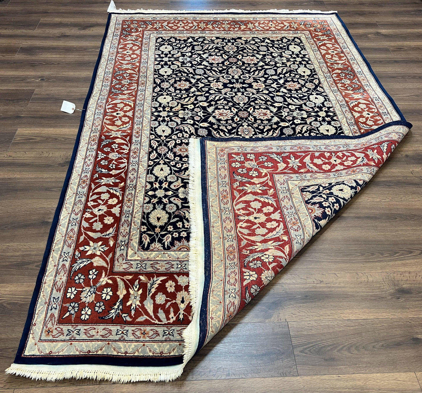 Indo Sarouk Rug 6x9, Vintage Indian Persian Rug, Wool Oriental Carpet, Navy Blue Red Allover Floral Rug, Traditional Very Fine Rug, Area Rug