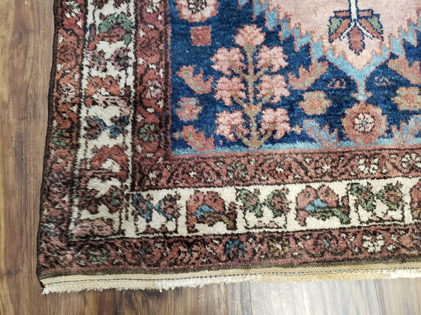 Blue Vintage Persian Hamadan Rug Hand Knotted Wool 4x6 Ft 1950s