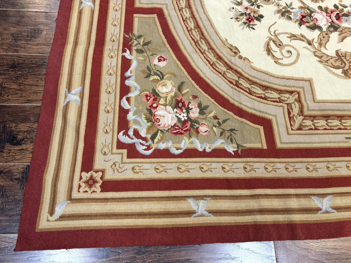 Elegant Aubusson Needlepoint Rug 9x11 Handmade Wool Flatweave Floral Cream