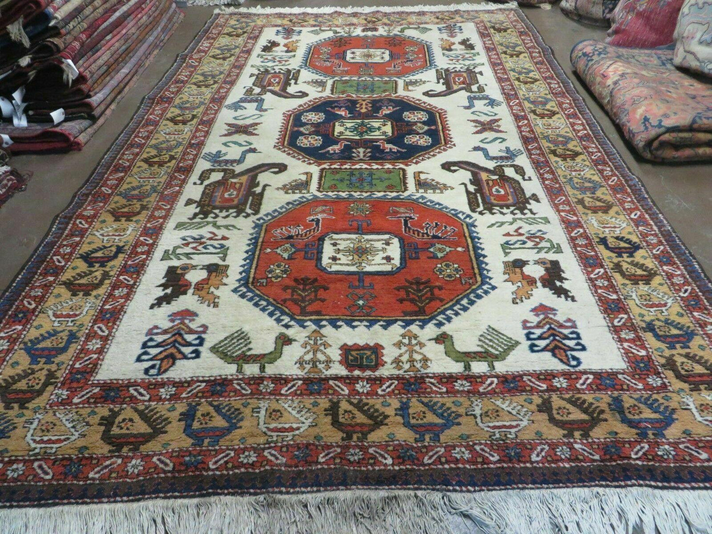 Turkish Knotted Wool Rug Vintage 7x10 Birds Animal Ivory Handmade Organic