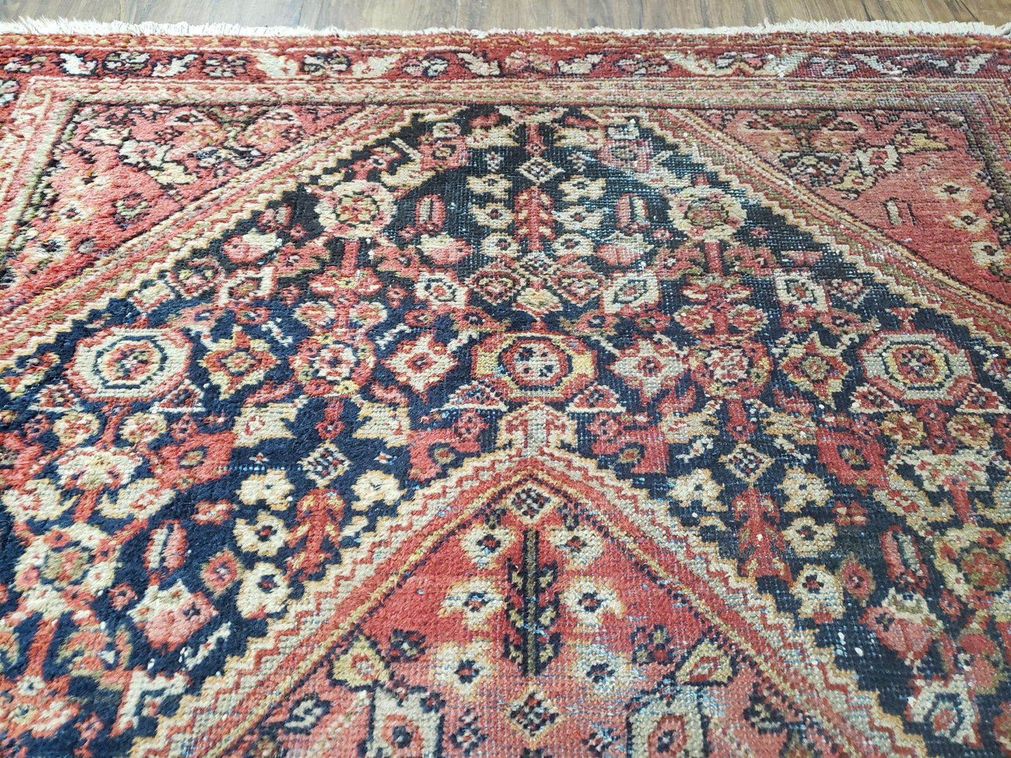Antique Persian Mahal Area Rug 4.4 x 6.6, Wool Hand-Knotted Shabby Chic Oriental Rug, Red Black 1930s Foyer Room Carpet, Low Pile Boho Rug
