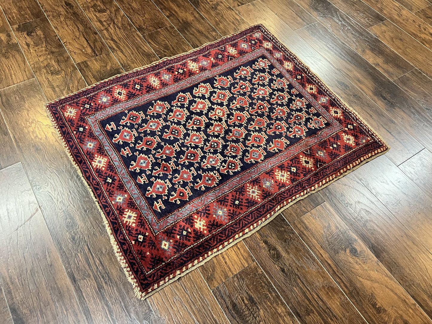 Turkish Sparta Rug 3x4, Allover Pattern, Navy Blue and Red, Antique Ispara Oriental Carpet 3 x 4, Small Turkish Handmade Vintage Wool Rug