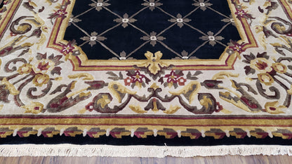 Aubusson Rug Hand Knotted Wool Nepalese 6x9 Black Cream Savonnerie Pattern